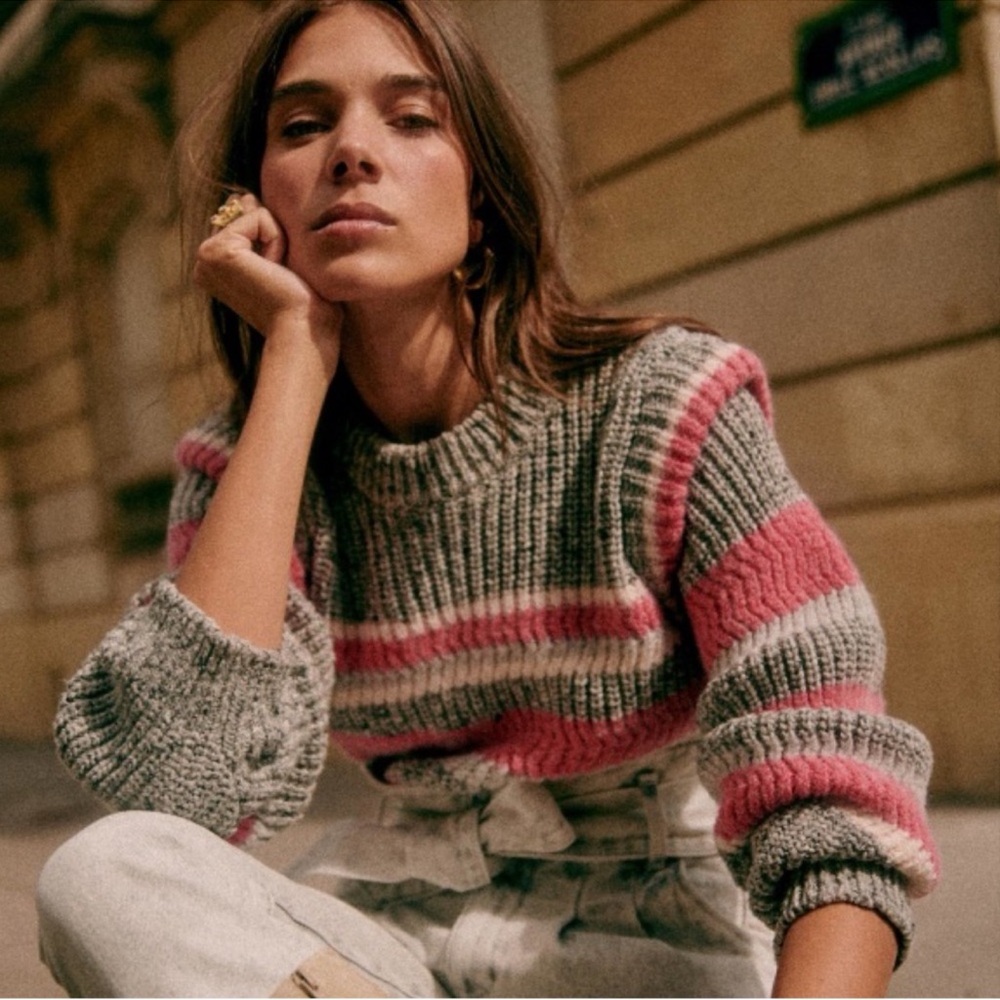 Sezane Yara Merino Wool Alpaca Knit Striped Crewneck Jumper Sweater Gray Pink